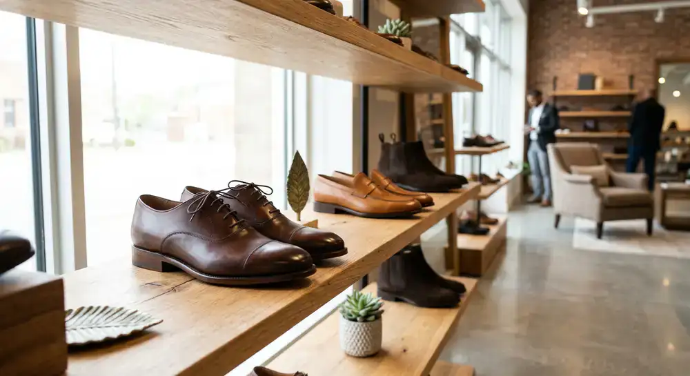 Premium leather shoes displayed in a modern boutique