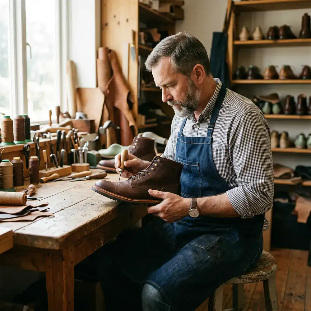 Artisan inspecting premium leather footwear