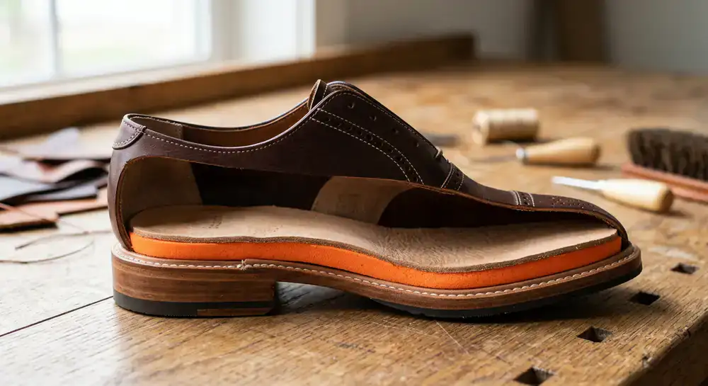 Cross section showing hidden comfort padding inside a traditional shoe