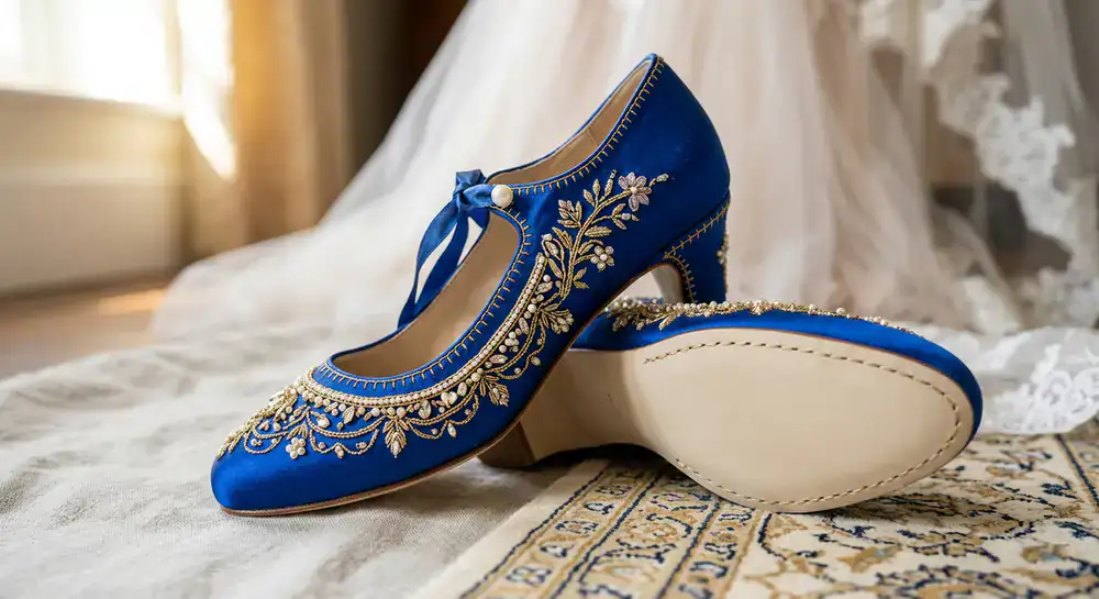 Close up of premium hand-stitched royal blue wedding footwear