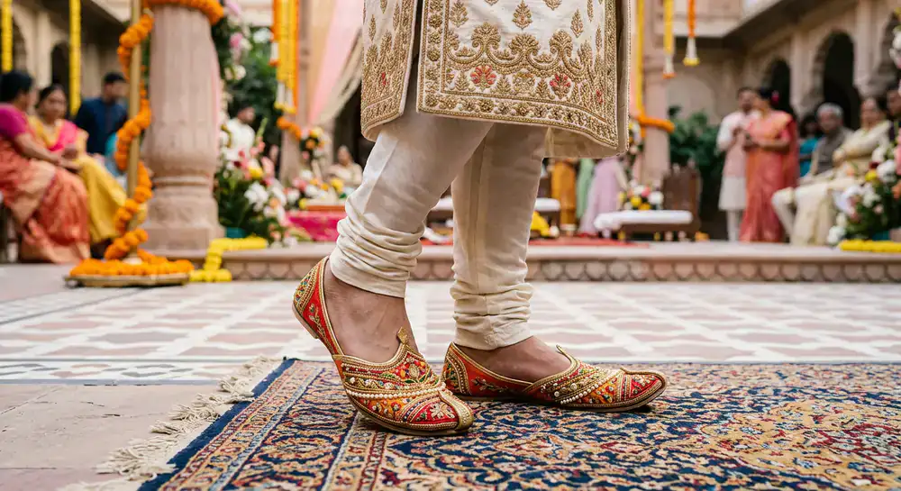 Groom wearing intricately embroidered traditional footwear