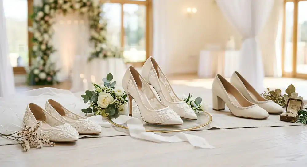 Premium wedding footwear arranged on an elegant platform