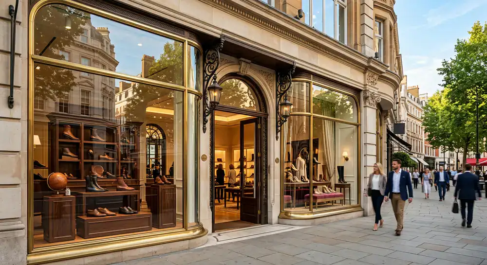 Premium Royal Step Footwear flagship storefront with elegant window displays