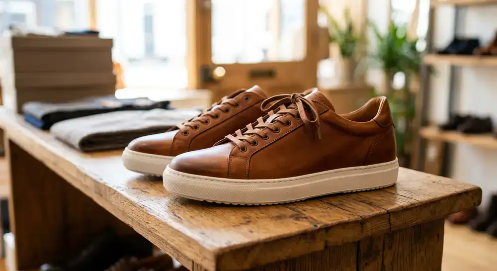 Close up of premium footwear on a wooden display shelf