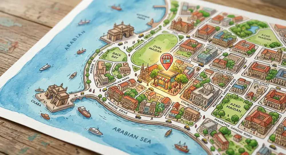Stylized map illustration showing the store location in Mumbai